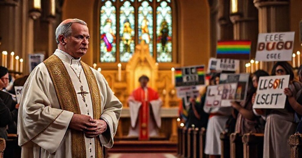 Katolicki książ w tradycyjnych szatach liturgicznych stojący przed ołtarzem, patrzący z niepokojem na grupę aktywistów trzymających transparenty popierające aborcję i LGBT. Scena ilustruje konflikt między katolickimi wartościami a nowoczesnym aktywizmem.