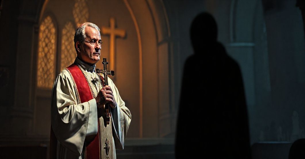 Sobieśny księż w tradycyjnym stroju kościłskim trzyma krzyż i patrzy na cienie kultury śmierci w koście