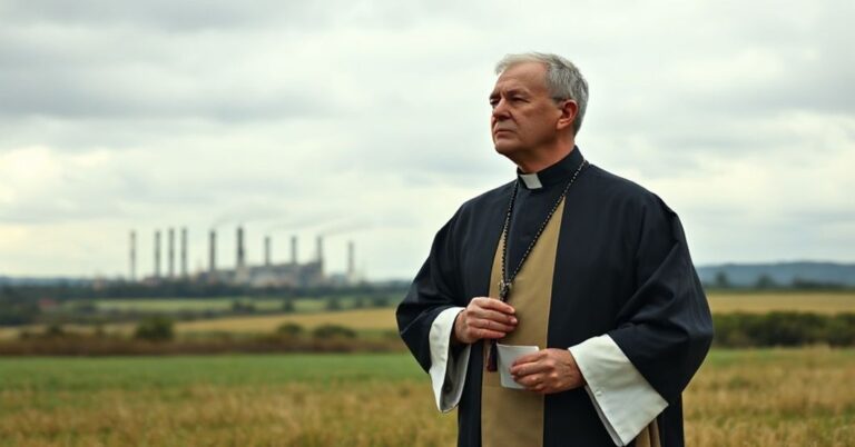 Ksiądz katolicki w tradycyjnych szatach liturgicznych modli się z różańcem w widoku chińskiej fabryki wodoru zielonego - symbolizującej bunt metafizyczny człowieka przeciwko stworzeniu Bożemu.