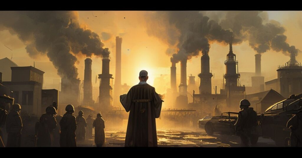 Katolicki ksiądz w tradycyjnych ornatach stojący przed chińską fabryką, symbolizujący moralne bankructwo gospodarki Chin