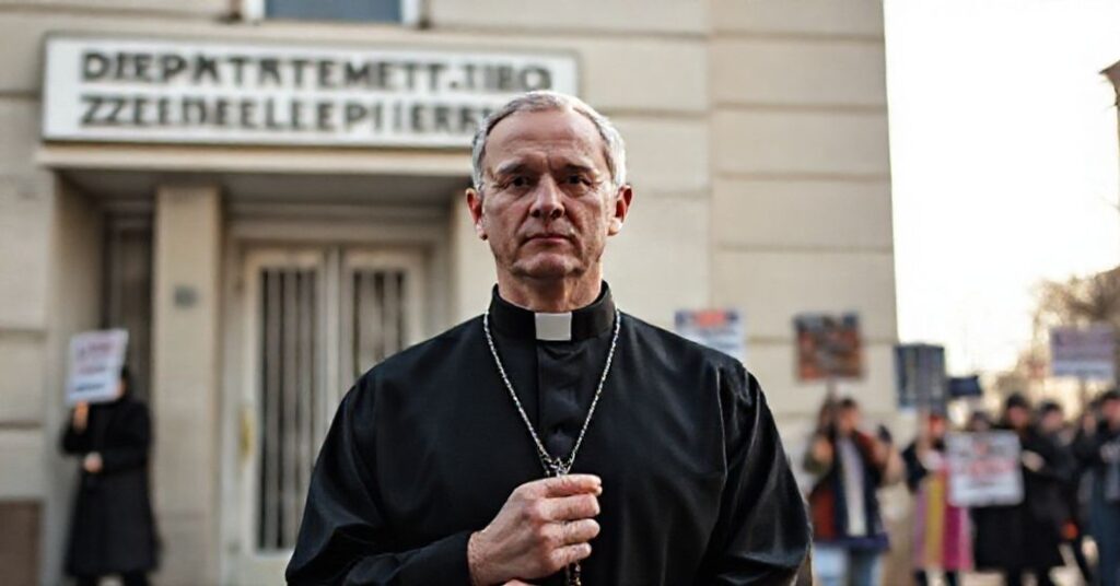 Kataklicki ksiądz w ciemnym sutannie przed budynkiem Departamentu Zdrowia i Opieki Społecznej trzymający różaniec