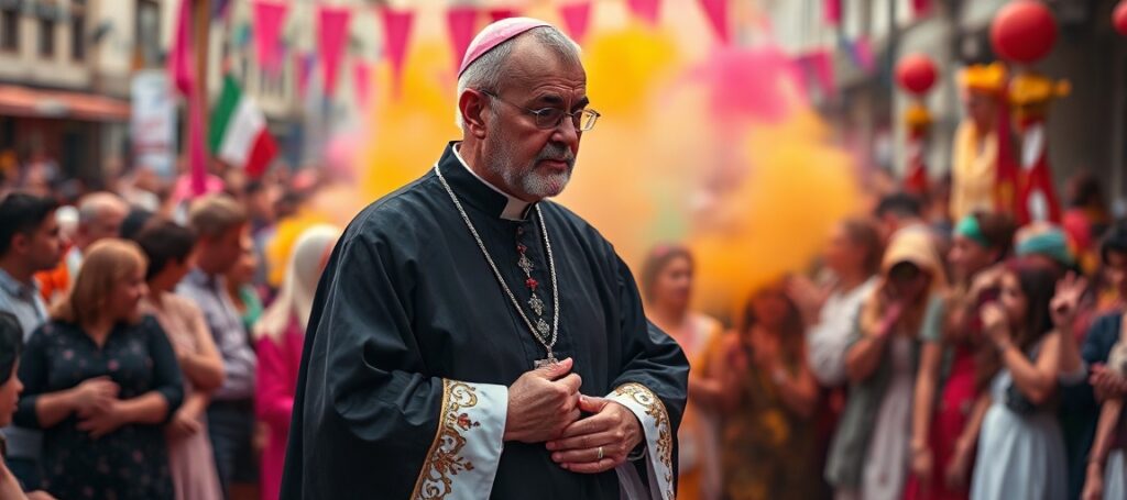 Ksiądz katolicki w pełnym stroju liturgicznym stojący smutno przed pogańskim festiwalem Kolorów, kontrastując wiarę z nowoczesnym synkretyzmem