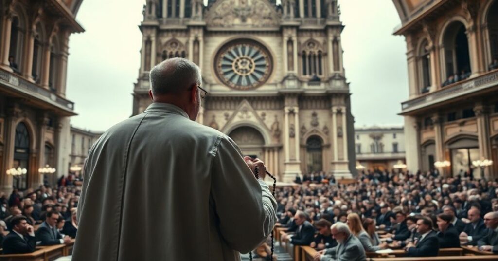 Ksiądz katolicki stojący przed katedrą w głębi smutku, patrząc na chaotyczne posiedzenie parlamentu