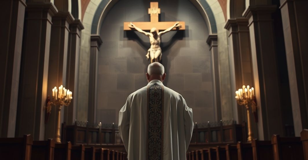 Katolicki ksiądz w tradycyjnym stroju przed krzyżem, głęboka refleksja nad upadkiem duchowym spowodowanym politycznymi sankcjami, odrzuceniem Chrystusa jako Króla narodów