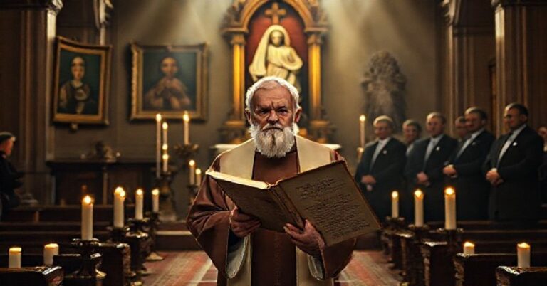 Tradycyjne katolickie przedstawienie niepodległości Polski jako odzwierciedlenie Królestwa Chrystusa. Stary ksiądz w sutannie stoi przed ołtarzem w kościele, oświetlony świetlikami. Na tle portret Heleny Iłłakowiczówny i figura Matki Boskiej Jasnogórskiej. Ksiądz trzyma kopię encykliki Quas Primas Piusa XI, patrząc na współczesnych polityków w tle.