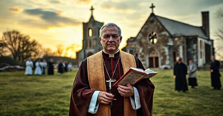 Katolicki ksiądz w tradycyjnych szatach przed ruiną anglikańskiej katedry symbolizuje puste konwersje anglikańskie
