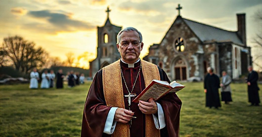 Katolicki ksiądz w tradycyjnych szatach przed ruiną anglikańskiej katedry symbolizuje puste konwersje anglikańskie