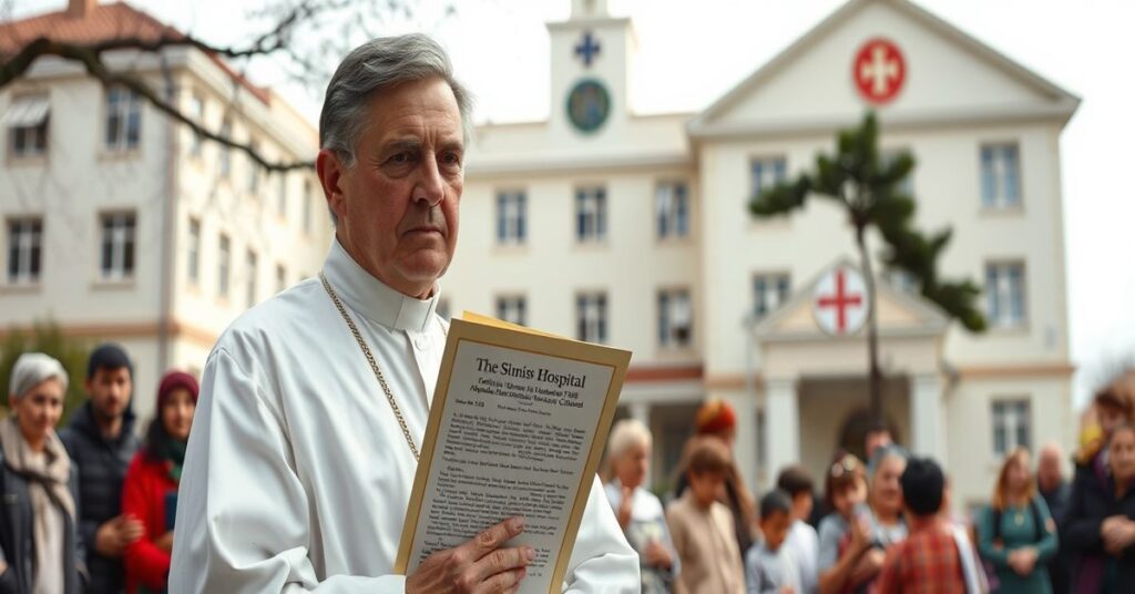 Katolicki ksiądz trzymający encyklikę "In Eminenti" przed szpitalem Shriners dla Dzieci z obawiającymi się rodzinami na tle.