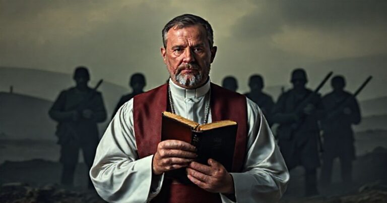 Katolicki książ w tradycyjnych szatach liturgicznych stoi przed rozrusztowanym krajobrazem wojny. Na tło tła widać cieniutkie postacie młodych Irakijczyków rekrutowanych przez rosyjskich żołnierzy.