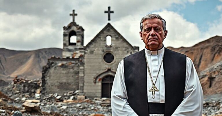 Ksiądz w tradycyjnych szatach kościelnych stoi przed zniszczonym kościołem, symbolizując duchową ruiny spowodowane przez korporacje górnicze. Na tle widoczny kompleks górniczy kontrastujący z sakralną architekturą.