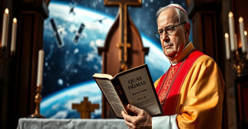 Ksiądz katolicki stojący przy ołtarzu z księgą "Quas Primas" Piusa XI na tle systemów satelitarnych