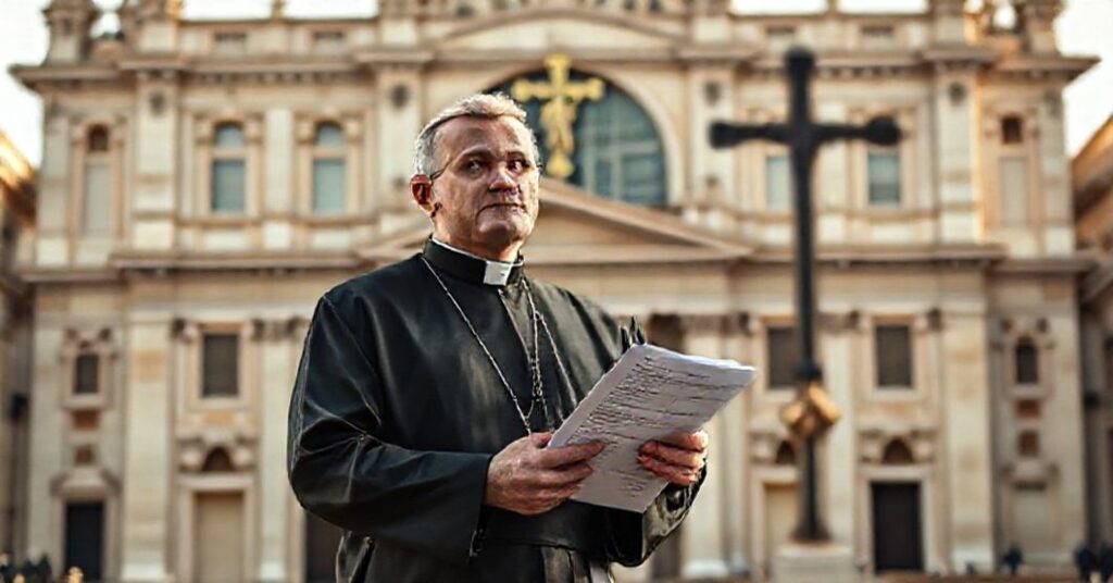Tradycyjny ksiądz w sutannie stoi przed nowoczesnym fasadą Bazyliki św. Piotra z niezadowoleniem patrząc w kierunku krucyfiksem.