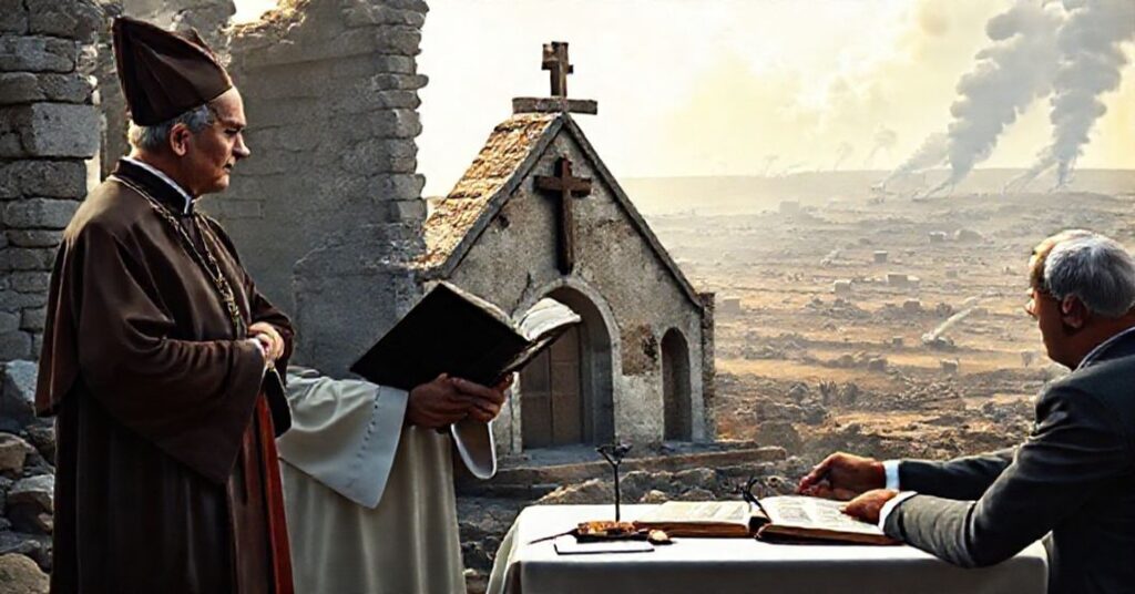 Ksiądz katolicki w tradycyjnych szatach stoi przed zniszczonym kościołem z pękniętym krzyżem, trzymając zniszczoną kopię Biblii