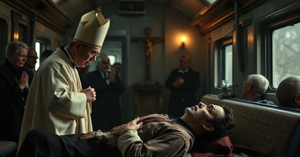 Katolicki ksiądz w sutannie udziela świętych sakramentów ofiarom wypadku kolejowego w Adamuzie. Scena podkreśla duchowe aspekty tragedii z uwagą na zbawienie oraz sakramenty.