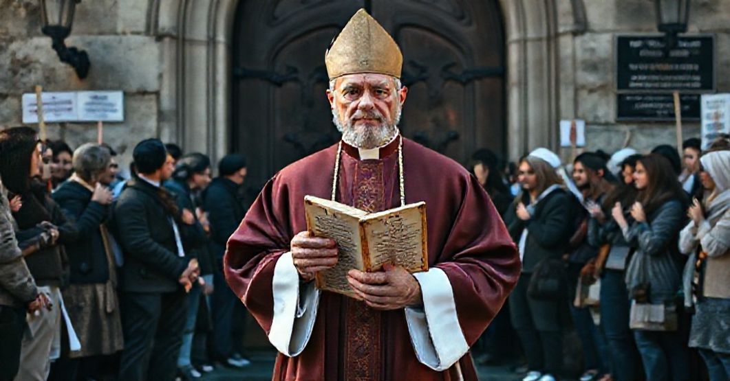 Tradycyjny katolicki ksiądz w stroju liturgicznym stoi przed zamkniętymi drzwiami starożytnego kościoła