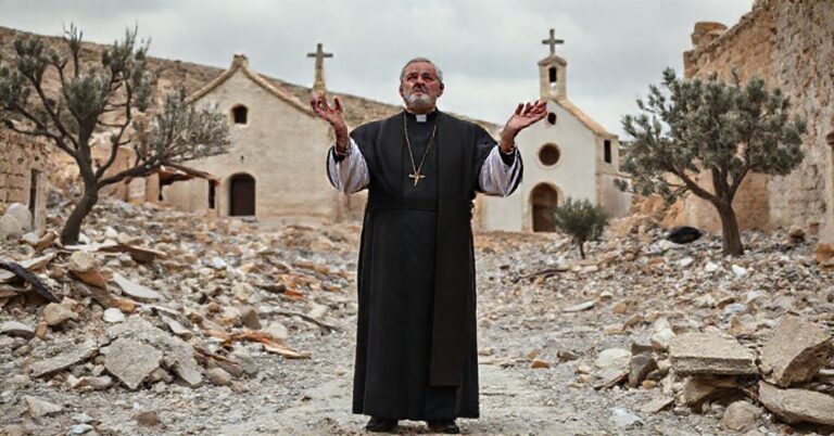 Prawosławny ksiądz w tradycyjnych szatach modli się w zniszczonym kościele w Taybeh przy widoku trzech schizmatycznych kościołów i zniszczonych domów.