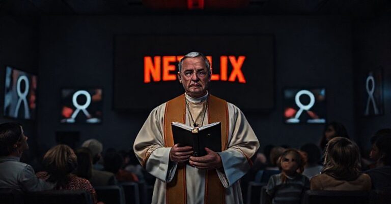 Katolicki ksiądz w tradycyjnych szatach stoi przed telewizorem z logo Netflixa, otoczony przez zaniepokojonych rodziców i dzieci. Obraz symbolizuje moralny niebezpieczeństwo platformy i jej wpływ na niewinność dzieci.