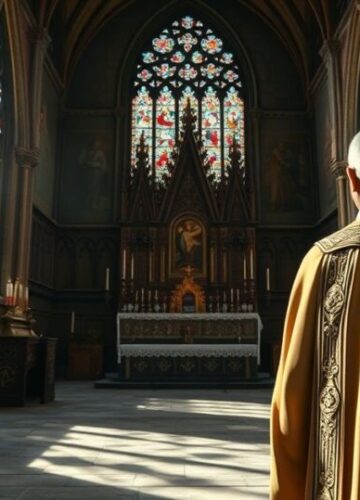 Katolicki ksiądz w tradycyjnym kościele - obraz wierności Chrystusowi Królowi Fotografia realistyczna katolickiego księdza w modlitewnym skupieniu w tradycyjnej świątyni, podkreślająca wierność Chrystusowi Królowi.