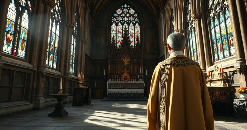 Fotografia realistyczna katolickiego księdza w modlitewnym skupieniu w tradycyjnej świątyni, podkreślająca wierność Chrystusowi Królowi.