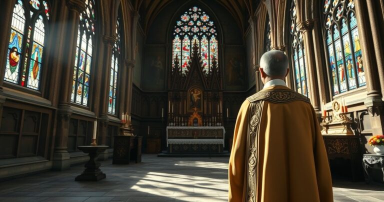 Fotografia realistyczna katolickiego księdza w modlitewnym skupieniu w tradycyjnej świątyni, podkreślająca wierność Chrystusowi Królowi.