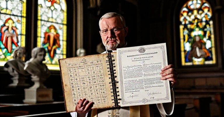 Ksiądz katolicki trzyma tradycyjny kalendarz liturgiczny z datą Wielkanocy w kościele, z rzeźbami świętych w tle