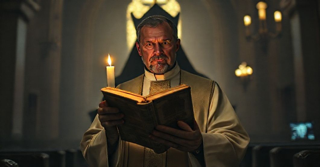 Prawdziwy katolicki ksiądz w tradycyjnych ornatach stoi w ciemnym kościele z lampionem w ręku, twarz oświetlona pojedynczym światłem świecy. Na tle widnieje cień cyfrowego totalitaryzmu z ekranami i kodami kreskowymi na twarzach ludzi.