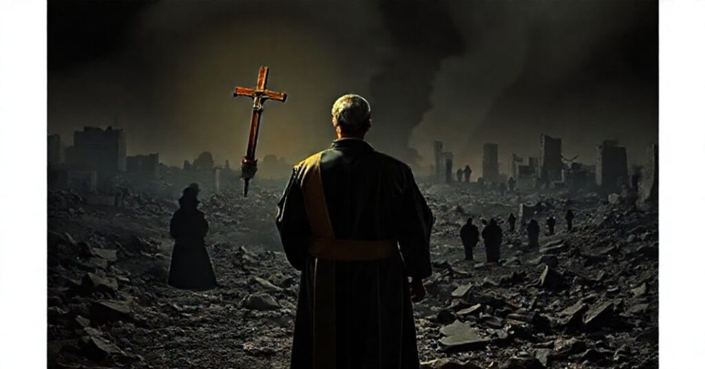 Katolicki ksiądz w tradycyjnych szatach liturgicznych stoi w zrujnowanym krajobrazie Gazy, trzymając krzyż i patrząc na zniszczenie. Scena jest nasączona głębokim smutkiem i duchową pustką.