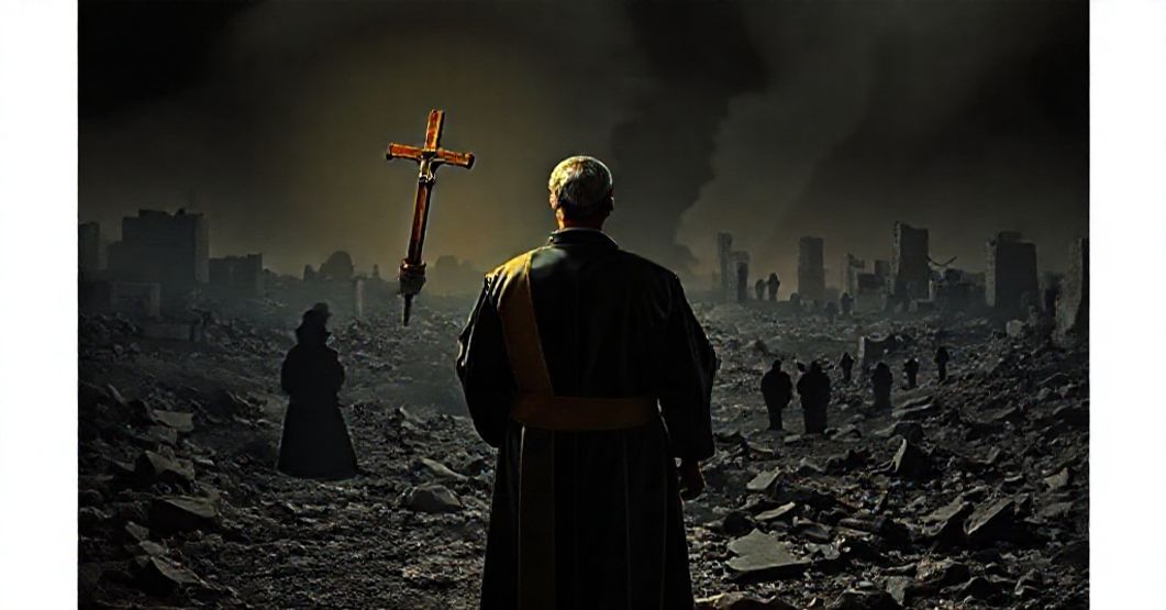 Katolicki ksiądz w tradycyjnych szatach liturgicznych stoi w zrujnowanym krajobrazie Gazy, trzymając krzyż i patrząc na zniszczenie. Scena jest nasączona głębokim smutkiem i duchową pustką.