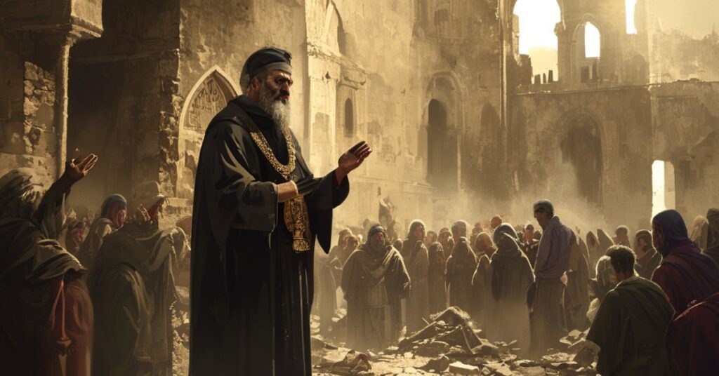 Ksiądz katolicki stojący wśród run ruin w Iranie trzymając krzyż i modlący się wśród przerażonych cywilów.