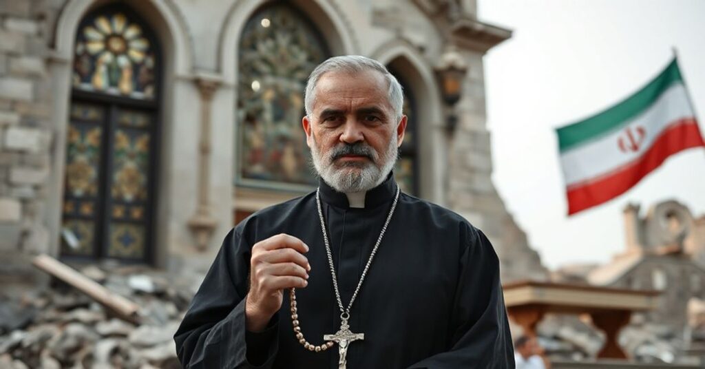 Katolicki ksiądz w czarnej sutannie trzymający różaniec stoi przed zrujnowanym kościołem w Iranie.