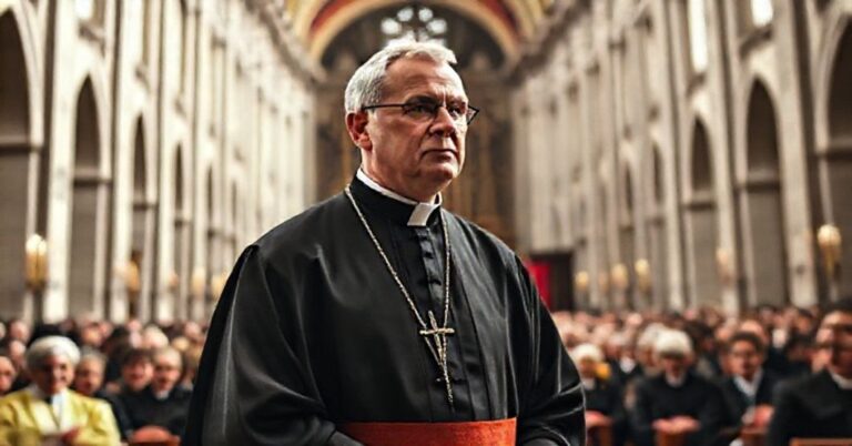 Ksiądz w tradycyjnej sutannie stoi w katedrze, wyrażając zaniepokojenie wobec współczesnego sekularyzmu