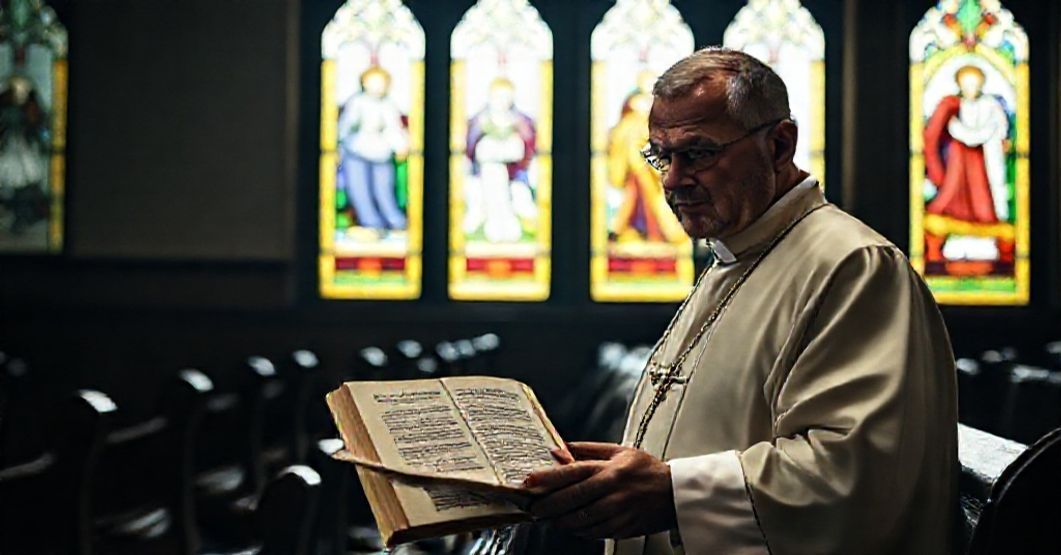Tradycyjny katolicki ksiądz w pełnym stroju liturgicznym stoi w konfesjonału z wyrazem głębokiego smutku na twarzy. Przed nim leży porzucony egzemplarz książki 'Standing for Marriage' Christine Bacon. Tło przedstawia ikonografię katolicką dotyczącą sakramentu małżeństwa.