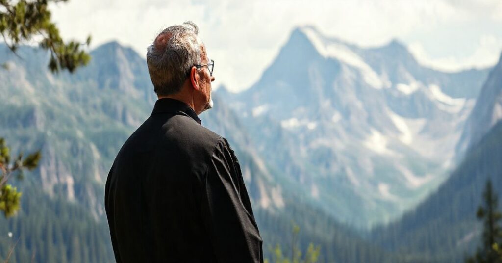 Ksiądz katolicki stoi w malowniczym krajobrazie górskim, kontemplując naturę jako dzieło Boże.