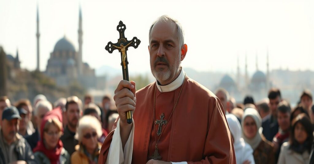 Ksiądz katolicki w tradycyjnym stroju liturgicznym wspiera chrześcijan w Turcji przed europejskimi budynkami