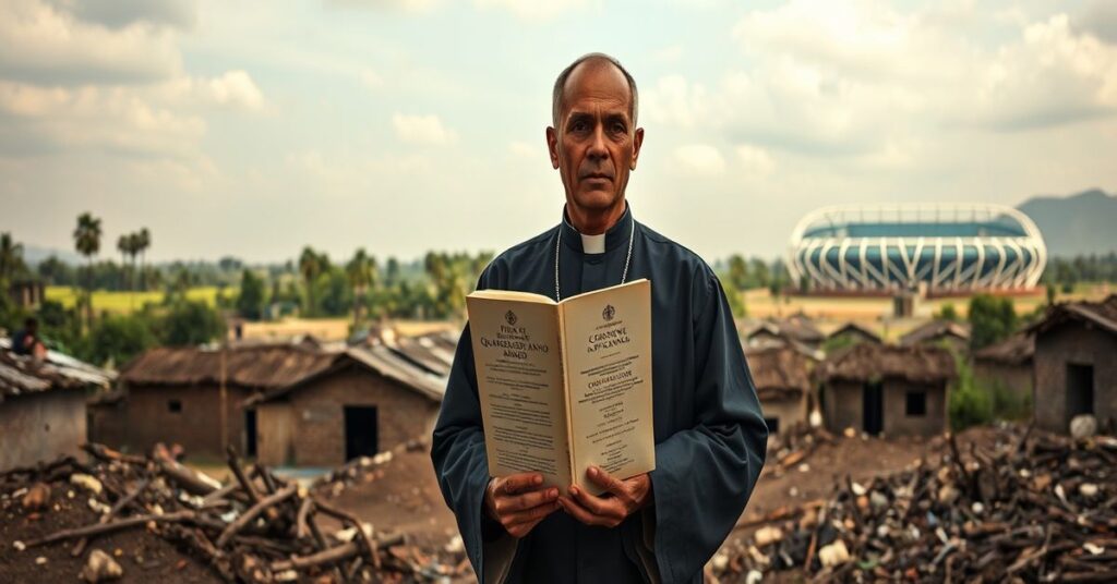 Ksiądz katolicki w przedmieściu wojny w Demokratycznej Republice Konga trzyma encyklikę Piusa XI Quadragesimo Anno.