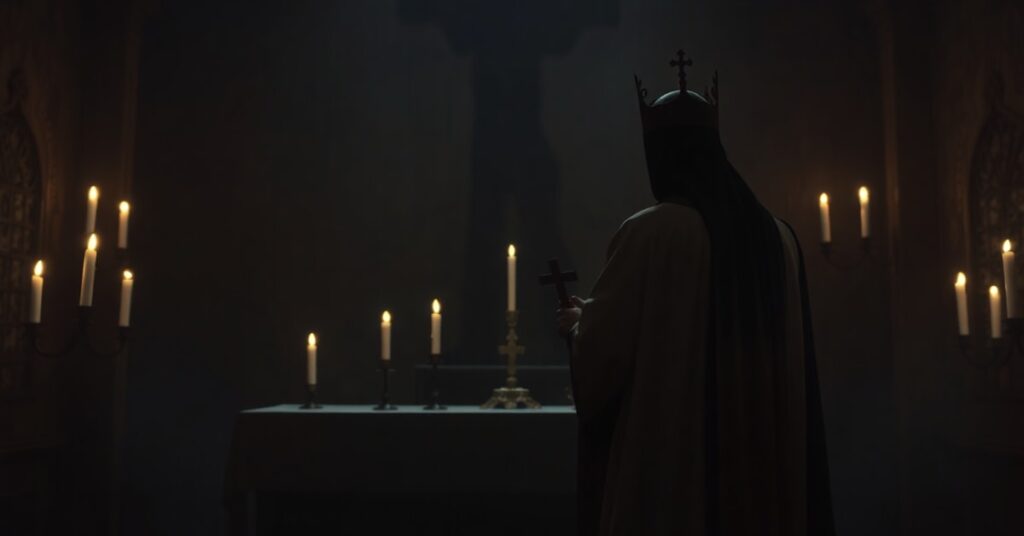 Tradycyjny ksiądz katolicki w szatach liturgicznych stojący przed ołtarzem z krzyżem w ręku, odziera okultyzm i magię w ciemności
