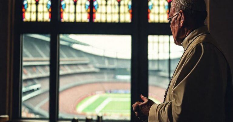 Ksiądz w tradycyjnym ornacie patrzy z troską przez witraż na stadion sportowy, symbolizując kontrast między prawdziwą katolicką duchowością a fałszywym świadectwem współczesnego idolatrii sportowej.