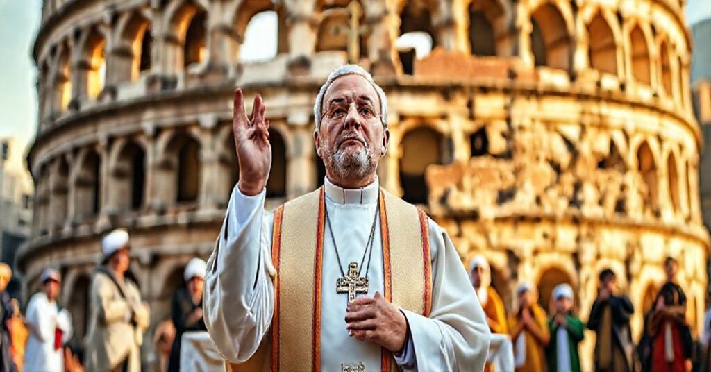 Katolicki ksiądz w tradycyjnych szatach liturgicznych modli się przed ołtarzem z krzyżem i misałem na tle grup ludzi różnych religii i ruin Koloseum.