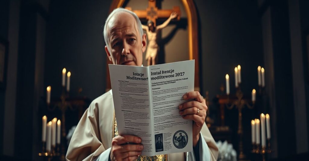 Prawdziwy ksiądz katolicki w tradycyjnych szatach liturgicznych trzyma dokument z nowymi intencjami modlitwymi uzurpatora Leona XIV na 2027 rok, które uwypuklają sekularyzowane tematy zamiast zbawienia.