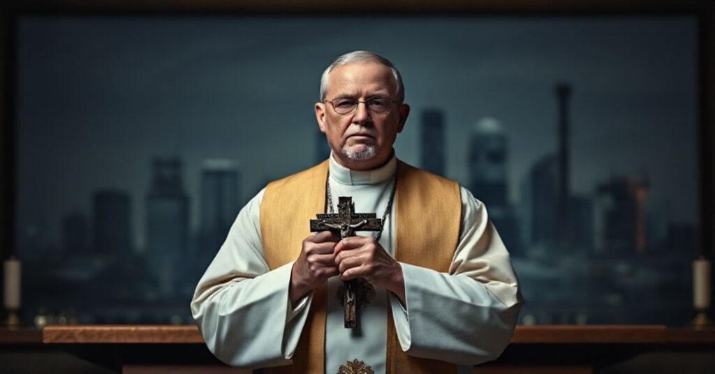 Katolicki ksiądz w tradycyjnych szatach liturgicznych stoi przed ołtarzem z krzyżem w ręku, wyraz twarzy pełen troski i zdecydowania.
