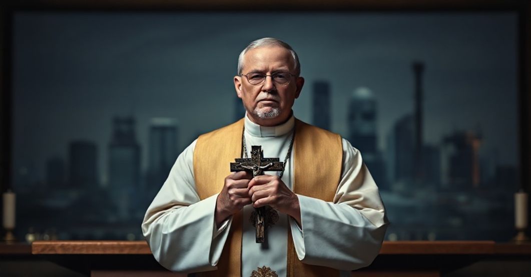 Katolicki ksiądz w tradycyjnych szatach liturgicznych stoi przed ołtarzem z krzyżem w ręku, wyraz twarzy pełen troski i zdecydowania.
