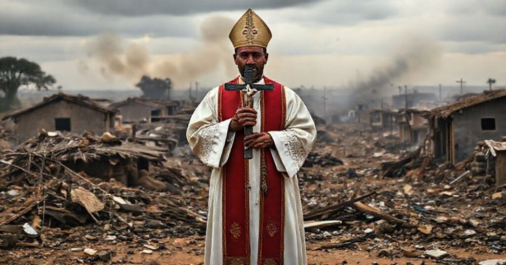 Katolicki ksiądz w tradycyjnych szatach z krzyżem w ręku stoi w niszczonej afrykańskiej wiosce otoczony zniszczeniem i dymem na tle burzowego nieba.