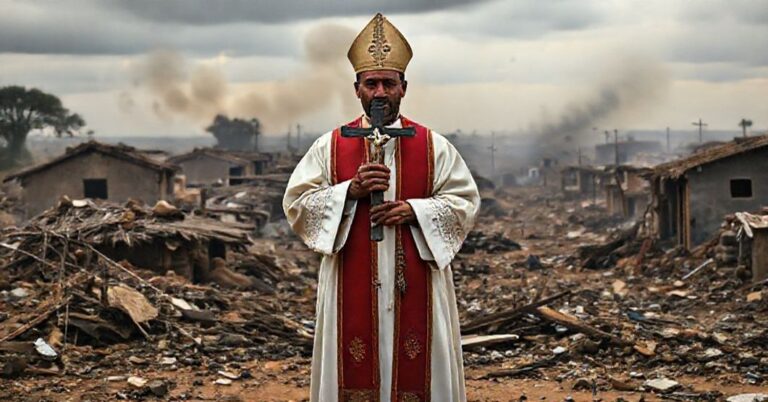 Katolicki ksiądz w tradycyjnych szatach z krzyżem w ręku stoi w niszczonej afrykańskiej wiosce otoczony zniszczeniem i dymem na tle burzowego nieba.