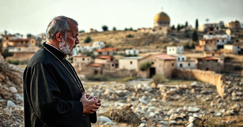 Katolicki ksiądz modli się przed ruinami palestyńskiego wsie na Zachodnim Brzegu z żydowskimi osadami w tle.
