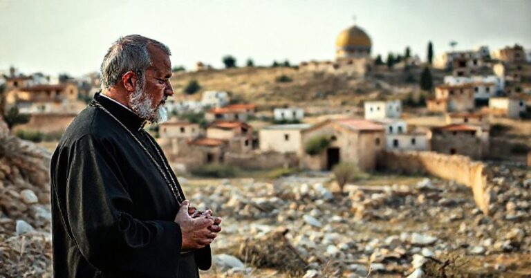 Katolicki ksiądz modli się przed ruinami palestyńskiego wsie na Zachodnim Brzegu z żydowskimi osadami w tle.