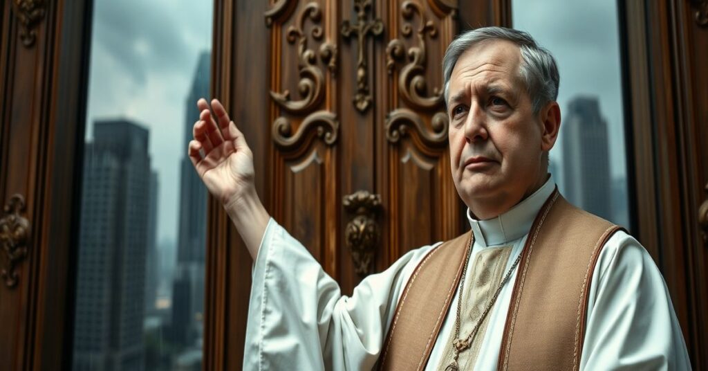 Katolicki ksiądz stoi przed zamkniętymi drzwiami kościoła w tradycyjnych paramentach, wyrażając smutek i złość wobec współczesnej apostazji moralnej.
