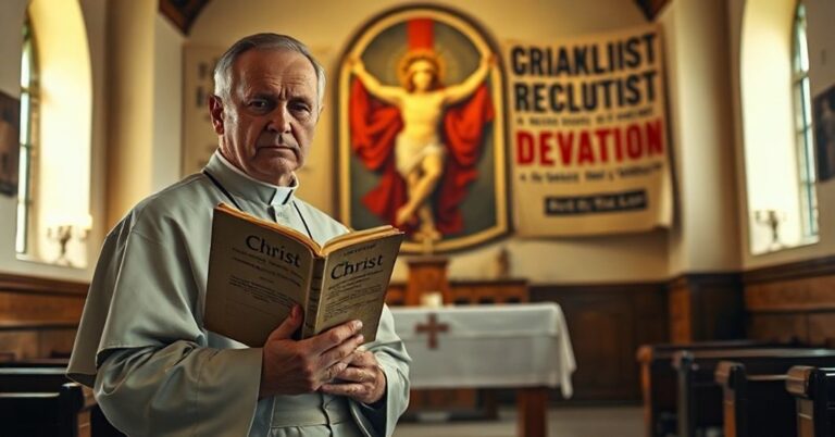 Ksiądz w ubogim kościele trzyma dokument Dilexi te z klasztorną troską na twarzy, przy słabym świetle i porzuconym obrazie Chrystusa Króla w tle.