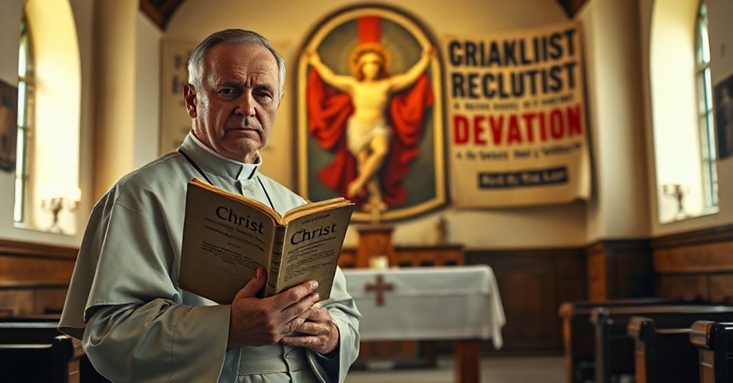 Ksiądz w ubogim kościele trzyma dokument Dilexi te z klasztorną troską na twarzy, przy słabym świetle i porzuconym obrazie Chrystusa Króla w tle.