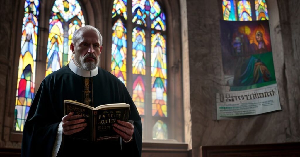 Ksiądz katolicki w tradycyjnym habitach stoi w poważnej katedrze, trzymając zamkniętą księgę z widocznymi tytułami 'Lumen Gentium' i 'Unitatis Redintegratio', podczas gdy blaknący ekumeniczny baner wiszący w pobliżu. Scena jest oświetlona naturalnym światłem przez witraże przedstawiające tradycyjnych katolickich świętych. Wyraz twarzy księdza wyraża poważne obawy w odpowiedzi na modernistyczny ekumenizm.