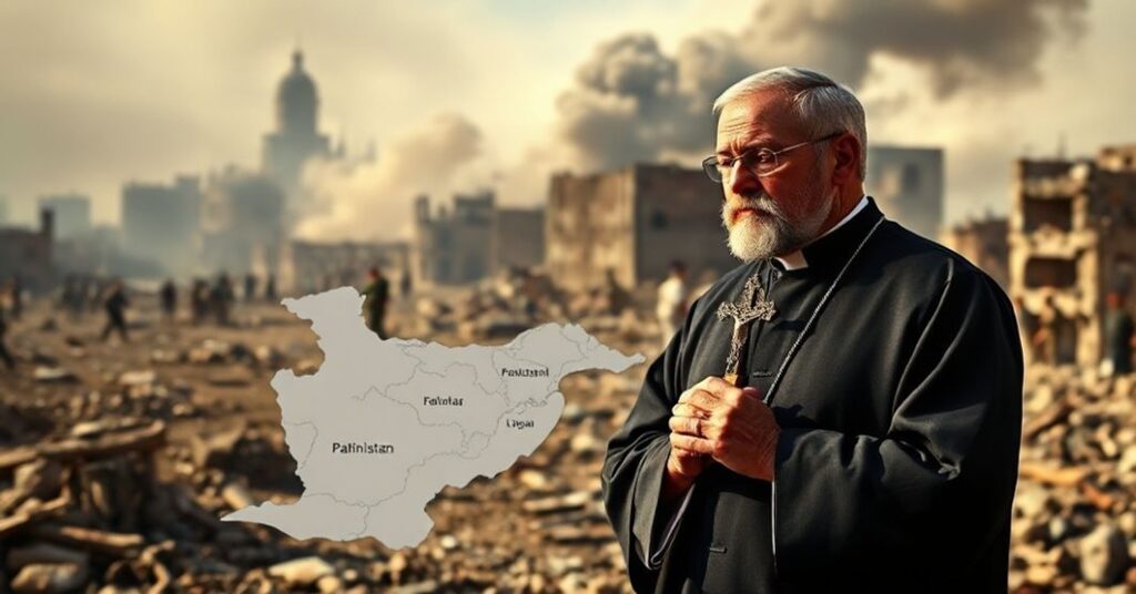 Ksiądz katolicki w tradycyjnej sutannie stoi przed zniszczonym pejzażem z mapą Pakistanu i Afganistanu w tle, trzymając krzyż. Wyzwanie pokoju bez Chrystusa Króla.